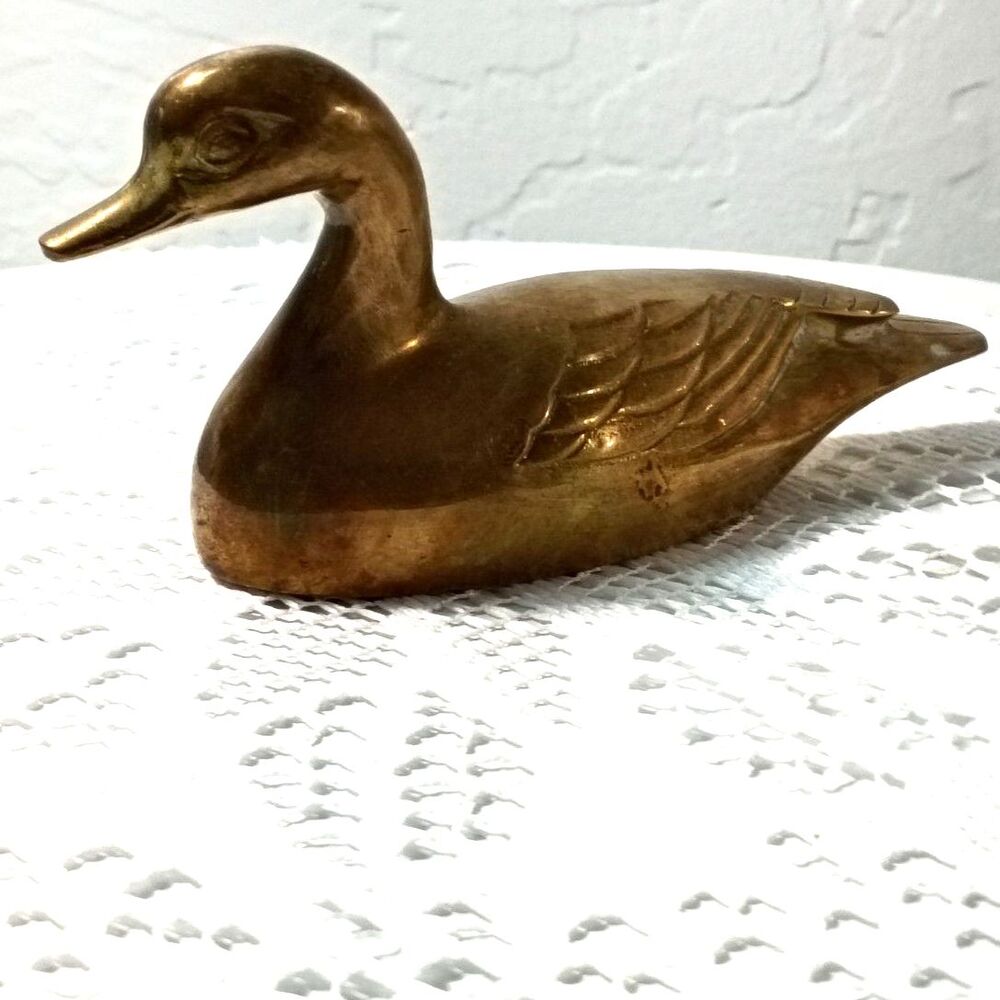 Vintage Solid Brass duck figurine or Paperweight with detailed Feathers markings
